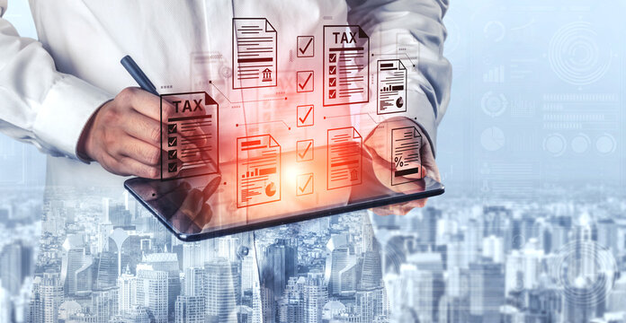 A concept of the tax compliance process. This shows the auditing and verification of various financial documents and forms to ensure regulatory adherence for business accounting. Fermion