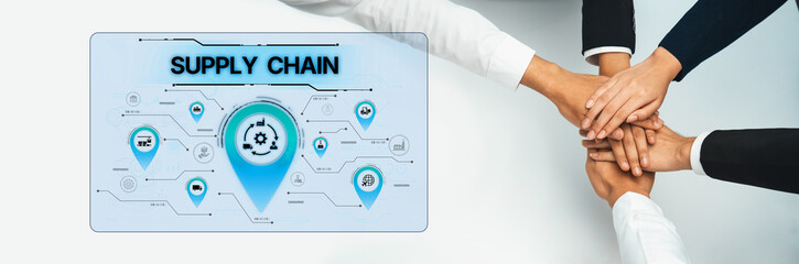 A visual representation of teamwork in supply chain management, featuring hands together in...