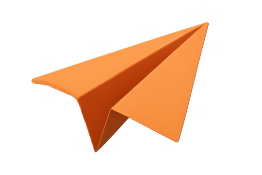 Orange paper airplane symbolizing communication, innovation, freedom, and travel, flying with a transparent background