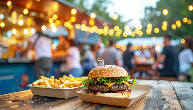 Food truck setting with a burger and fries in takeout containers. AI