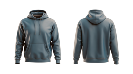 High-quality product photo of blue pullover hoodie, front and back views, kangaroo pocket, drawstring hood, ribbed cuffs, plain cotton blend, soft shadows. Transparent background.  