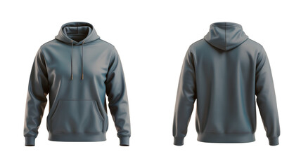 High-quality product photo of blue pullover hoodie, front and back views, kangaroo pocket, drawstring hood, ribbed cuffs, plain cotton blend, soft shadows. Transparent background.  