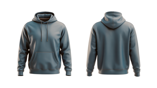 High-quality product photo of blue pullover hoodie, front and back views, kangaroo pocket, drawstring hood, ribbed cuffs, plain cotton blend, soft shadows. Transparent background.  