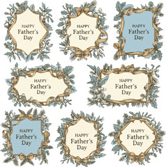 set of vintage frames of Happy fathers day greeting card vector set — cream and sky blue botanical Christmas frames with ribbons and leaves,  vector art with white background