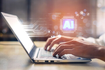 An enterprise AI platform concept. The central processor integrates with business solutions like cloud computing, security, and process automation for corporate growth and innovation. Fermion