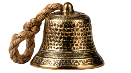 Intricate golden bell with rope handle, perfect for holiday decor and rustic themes