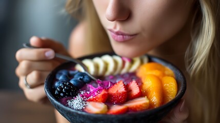 Young Woman Eating Colorful Fruit Bowl Close Up in Bright Kitchen