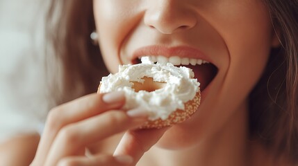 Young Woman Eating Creamy Donut with White Frosting and Filling in Close-up