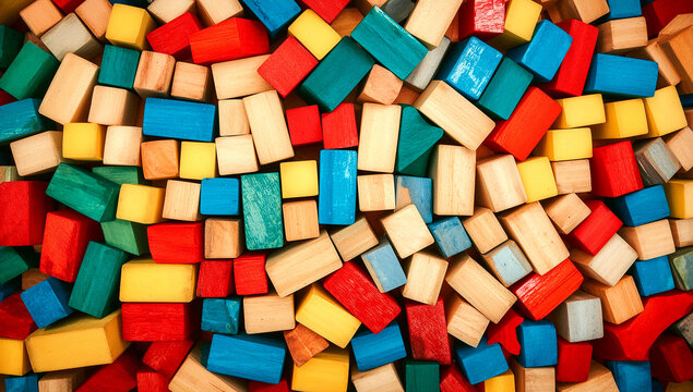 Colorful wooden blocks of various shapes and sizes