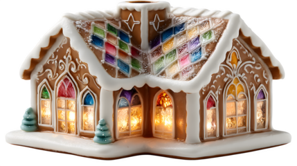 Festive gingerbread house radiates holiday cheer with colorful windows and snow details