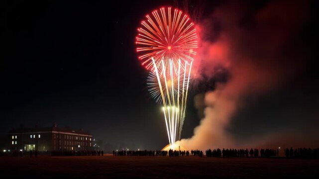 Bonfire night celebration with fireworks display at night