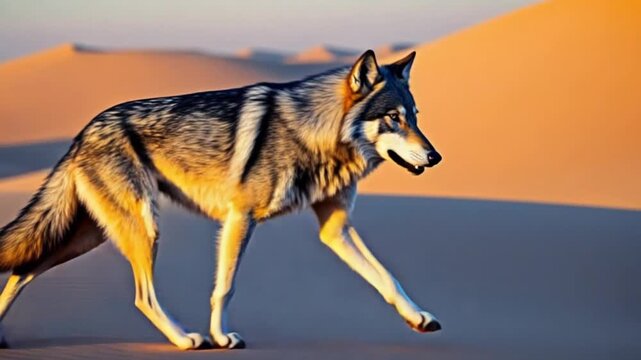 Wolf strides across the desert landscape with dunes under a warm sunset colored sky view image wolf video
