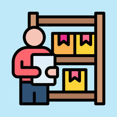 A colorful icon depicting a person checking inventory next to shelves with boxes in a warehouse or storage facility.