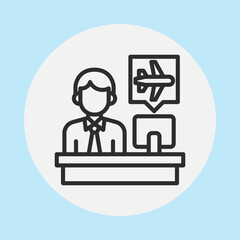Icon of a travel agent or airport staff member at a desk with a computer and an airplane symbol in a speech bubble, representing travel services.