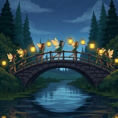 Fototapeta premium Fairies crossing a bridge at night with lanterns.
