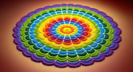 Vibrant concentric rainbow sand pattern art, symmetrical arrangement design