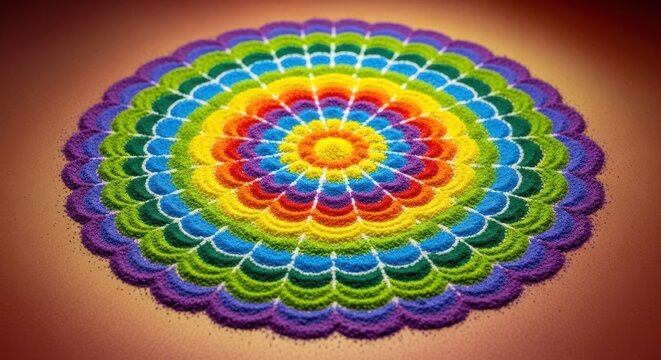 Vibrant concentric rainbow sand pattern art, symmetrical arrangement design