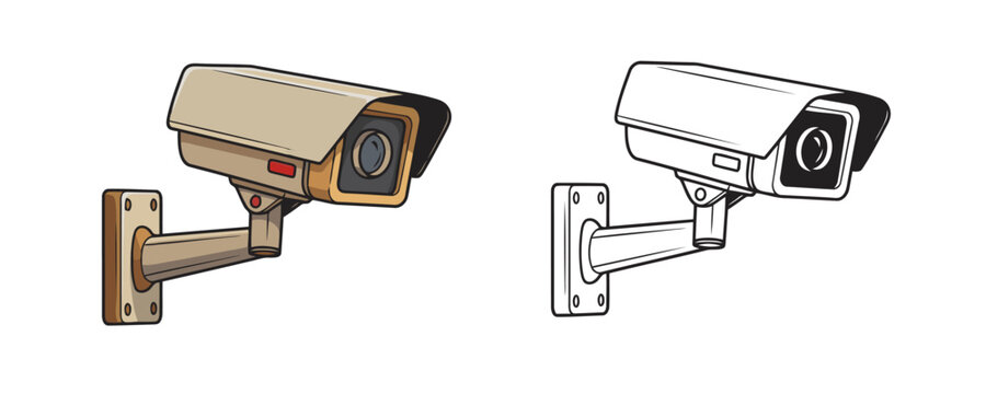 Colored and outlined CCTV security camera drawing mounted on a wall isolated on white background digital surveillance system line art illustration