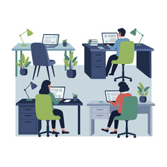 Four office workers at their desks using laptops.