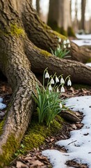 Fototapeta premium Delicate Snowdrops Emerge from Snowy Forest Floor Near Ancient Tree Roots.