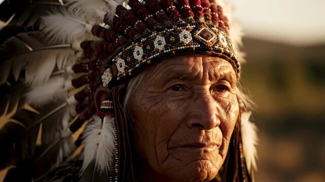 Native American elder in traditional headdress, solemn portrait