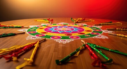 Vibrant rangoli design and decorated sticks placed on the wooden surface
