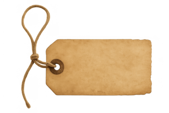 Blank vintage paper tag with string loop for labeling and pricing products, isolated on transparent background