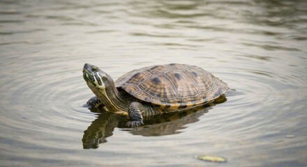 Fototapeta premium A turtle with a striped face rests in gentle ripples of a pond