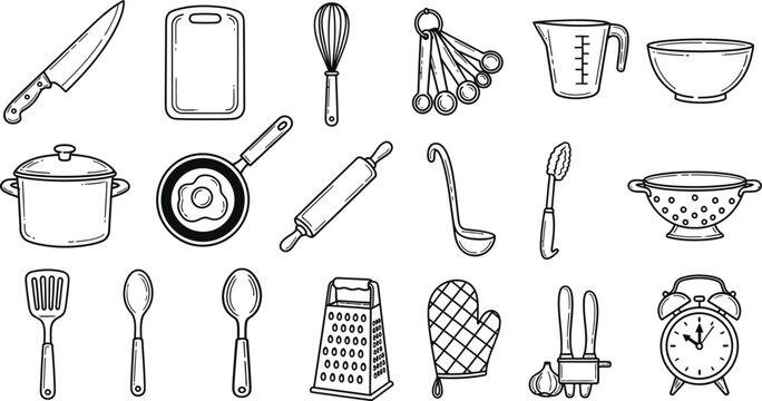 Hand drawn kitchen utensils and tools for cooking and baking