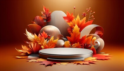 Abstract warm color palette autumn scene with orange, red, & yellow autumn leaf motifs & podium product display stand 3d rendering Fall season sales promotion Thanksgiving showcasing products designs 