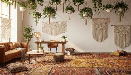 Cozy Bohemian Living Room with Plants and Warm Decor