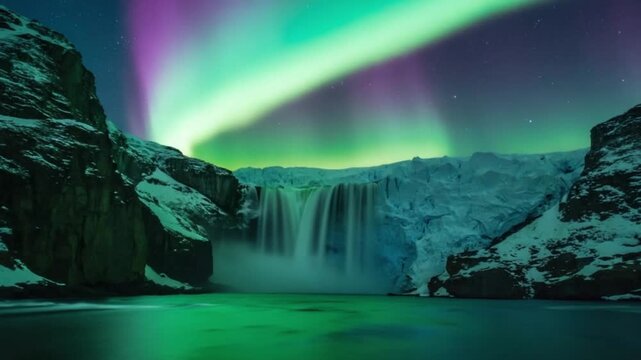 Aurora borealis over a waterfall and glacial landscape with mountains and water in the night sky waterfall video