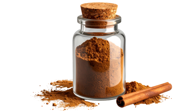 Cinnamon powder in a clear jar with cork stopper, cinnamon stick