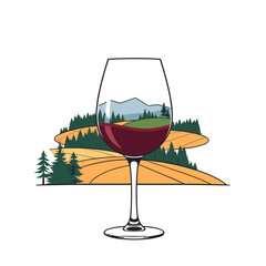 Wine glass with red wine against a valley landscape, representing vineyards and tranquility