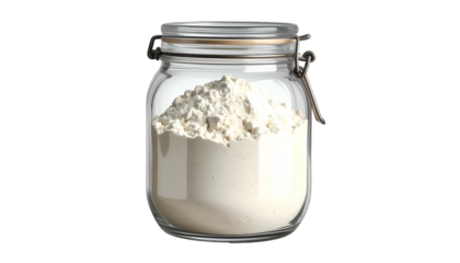 Flour-filled glass jar with hinged metal clasp, simple food storage