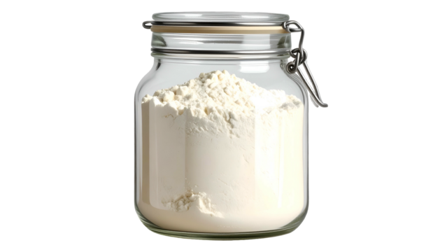 Flour-filled jar sealed tight with metal clamp on black background