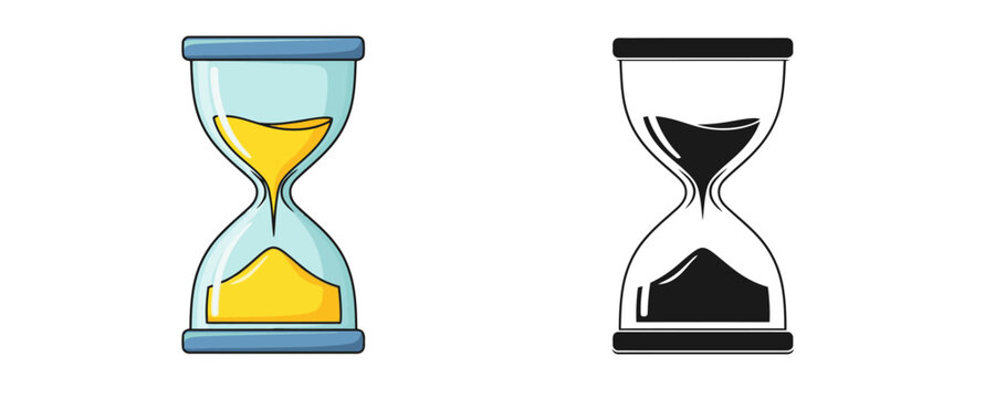 Colored and black and white outline hourglass sand timer drawing isolated on white background antique glass clock line art illustration