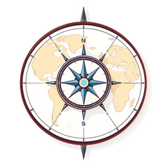 Compass with world map and geographic elements for navigation and exploration concept