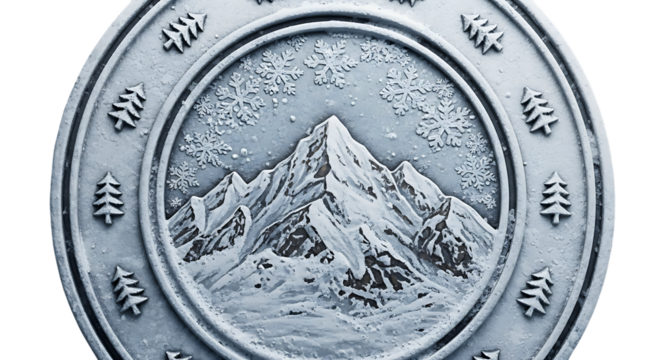 Winter holiday scene on a circular silver medallion with mountain and snow