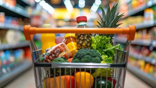 Full Shopping Cart Overflowing With Fresh Groceries And Produce In A Supermarket Aisle With Soft Lighting