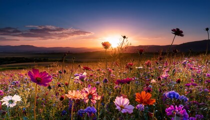 Fototapeta premium Colorful Wildflowers In A Field At Sunset