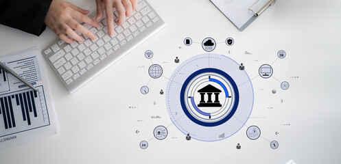 A global FinTech and digital banking network technology concept. A central financial system connected to the worldwide digital economy and services. Motif