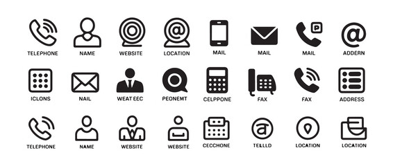 Communication and contact icons, telephone person website mail and address black white symbols