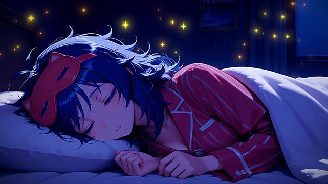 Sleepy anime girl sleeps in a dark room with stars, animated anime wallpaper for PC