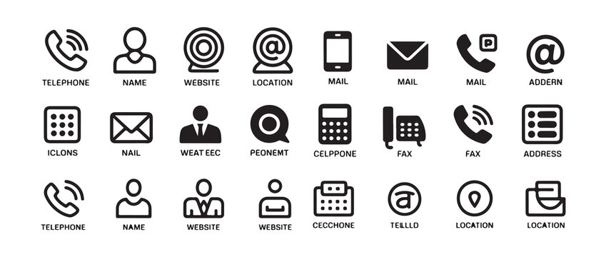 Communication and contact icons, telephone person website mail and address black white symbols