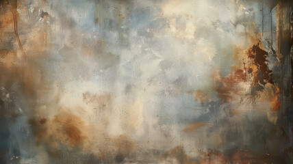Light studio backdrop with blue, golden, brown and pink tones. Painted canvas background on the wall