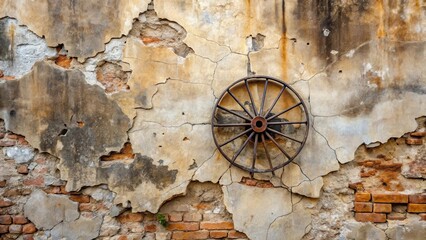A weathered rustic wheel affixed to a crumbling, aged wall of exposed brick and plaster