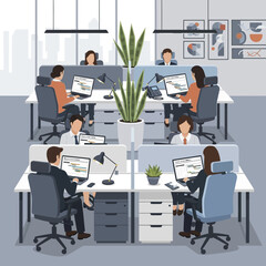 Office workers focused on their computers working together in a modern office.