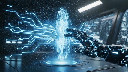 Cybernetic arm activates digital holographic display, blue energy pulses radiate from center, futuristic city visible through window in background. - Powered by Adobe