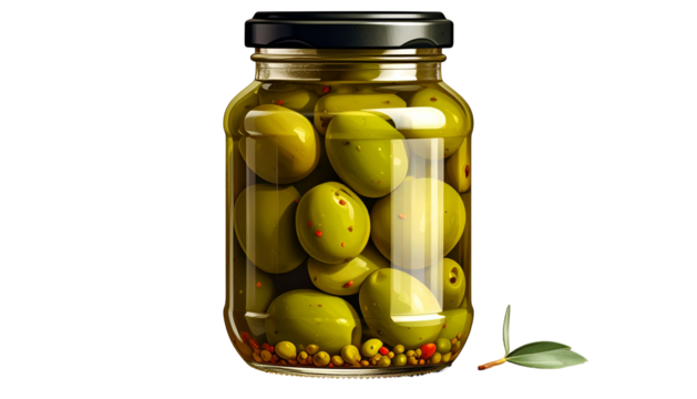 Olives preserved in clear glass jar with brine and black lid